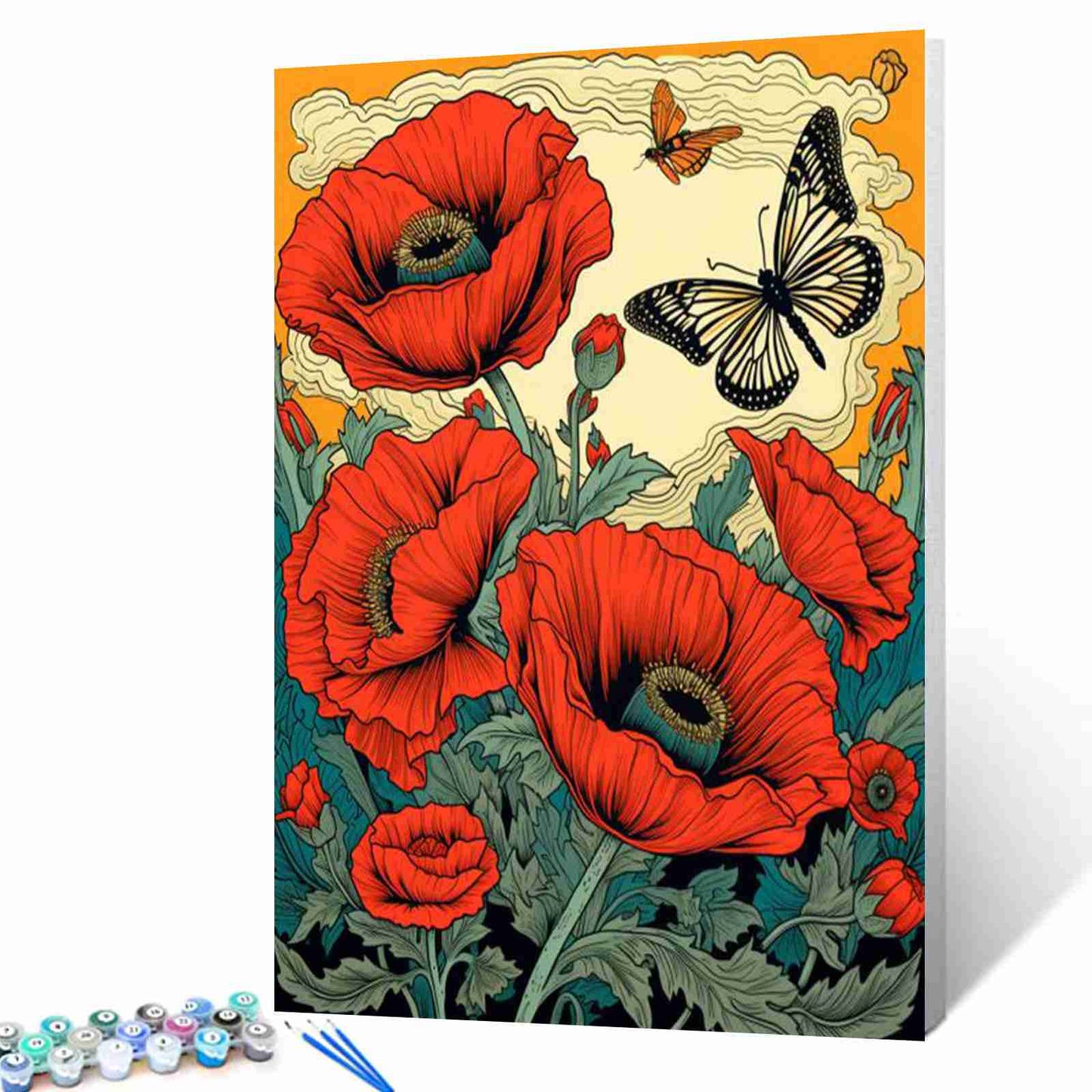 Bold Red Poppies and Butterflies Paint by Numbers