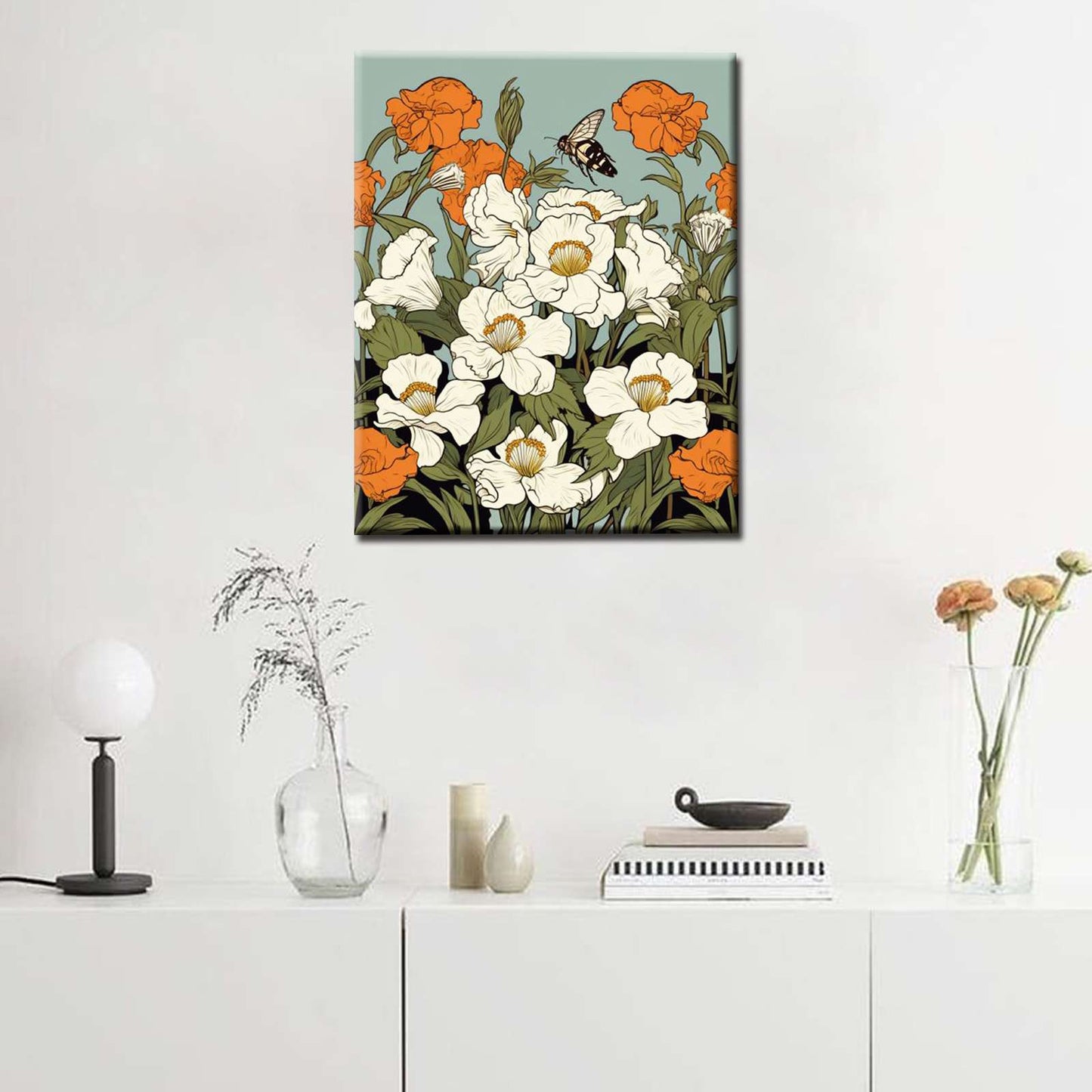 Delicate White and Orange Flowers with Bee Paint by Numbers