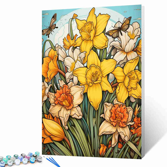 Blooming Yellow Daffodils with Butterflies Paint by Numbers