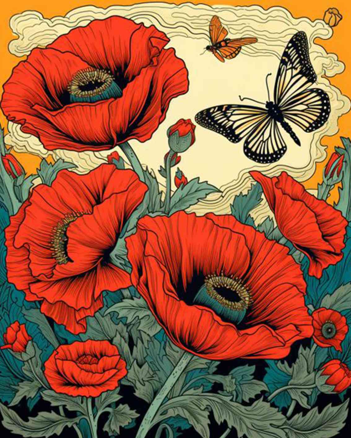 Bold Red Poppies and Butterflies Paint by Numbers