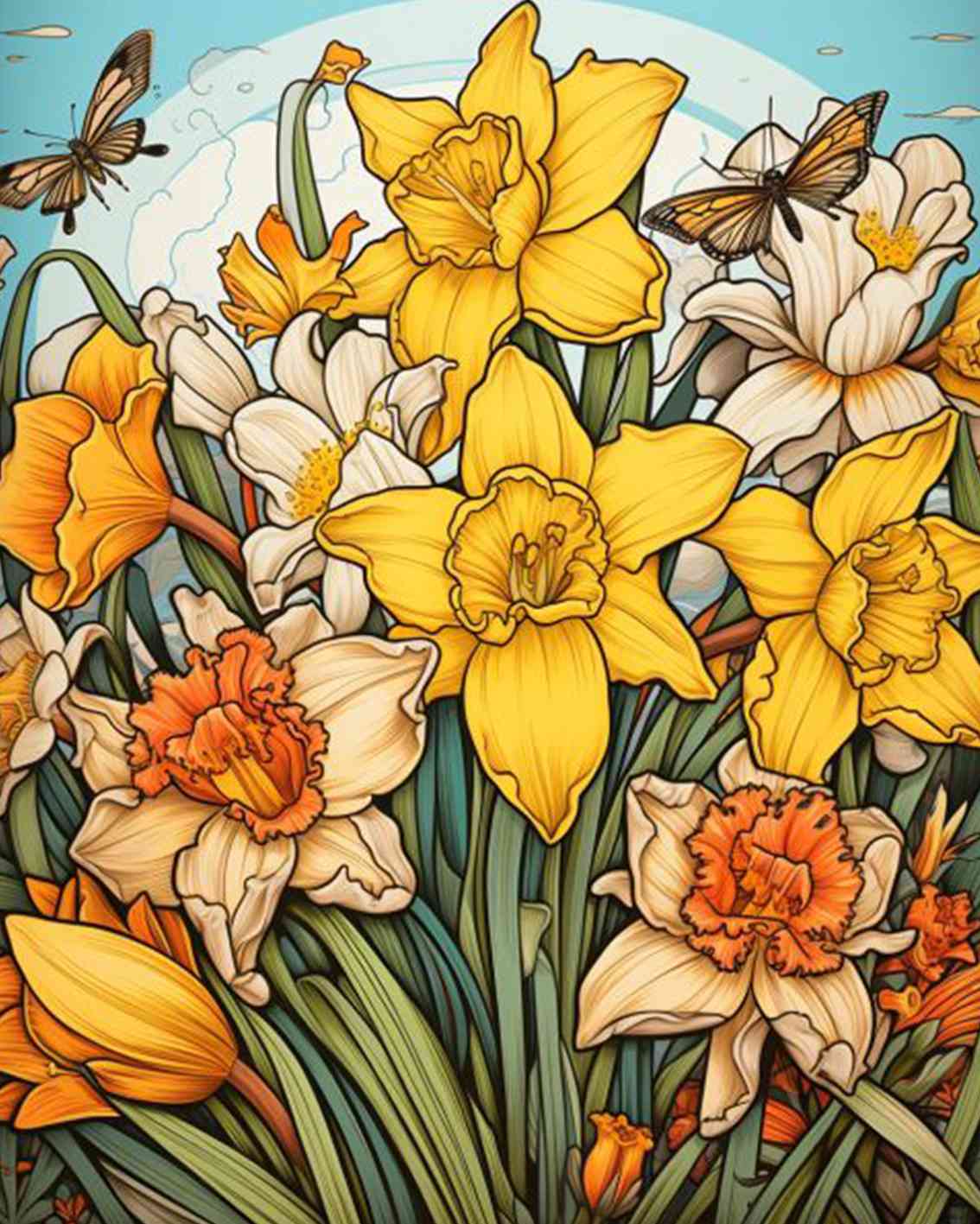 Blooming Yellow Daffodils with Butterflies Paint by Numbers