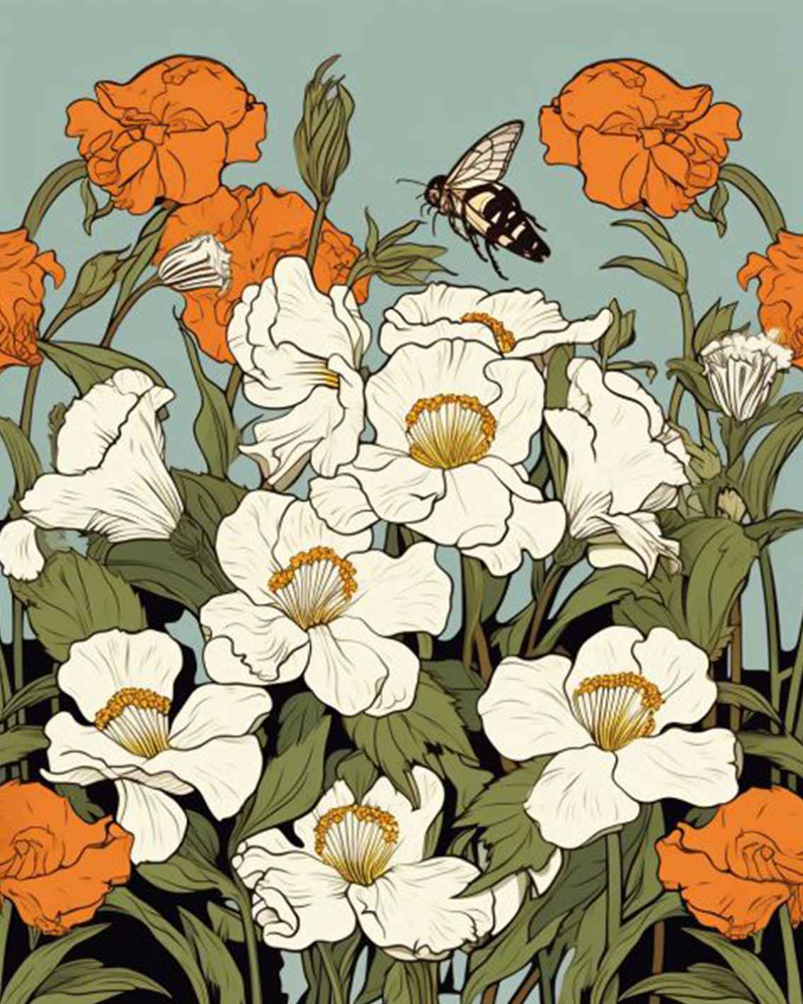 Delicate White and Orange Flowers with Bee Paint by Numbers