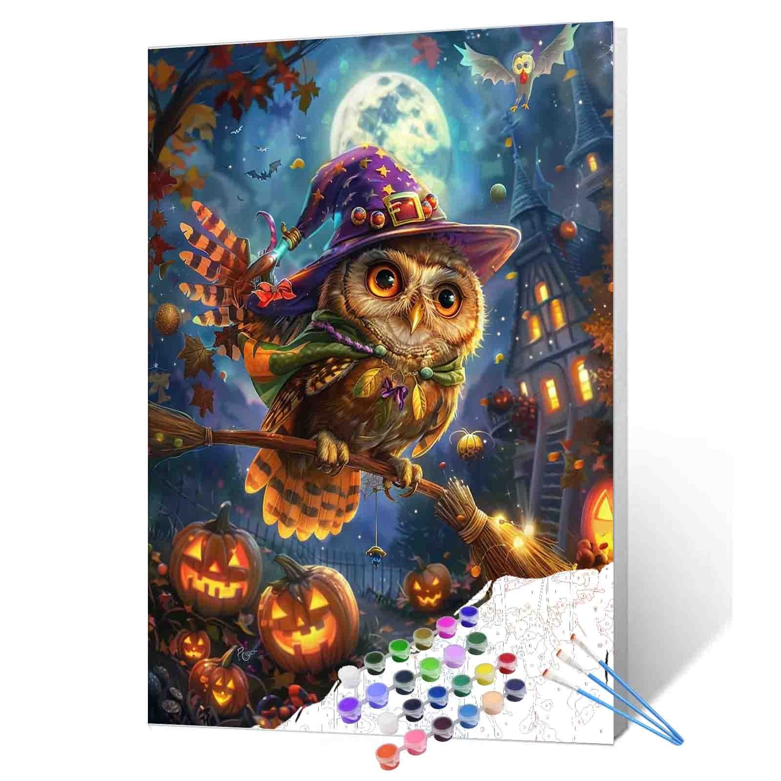 Flying Halloween Owl with Broomstick Paint by Numbers