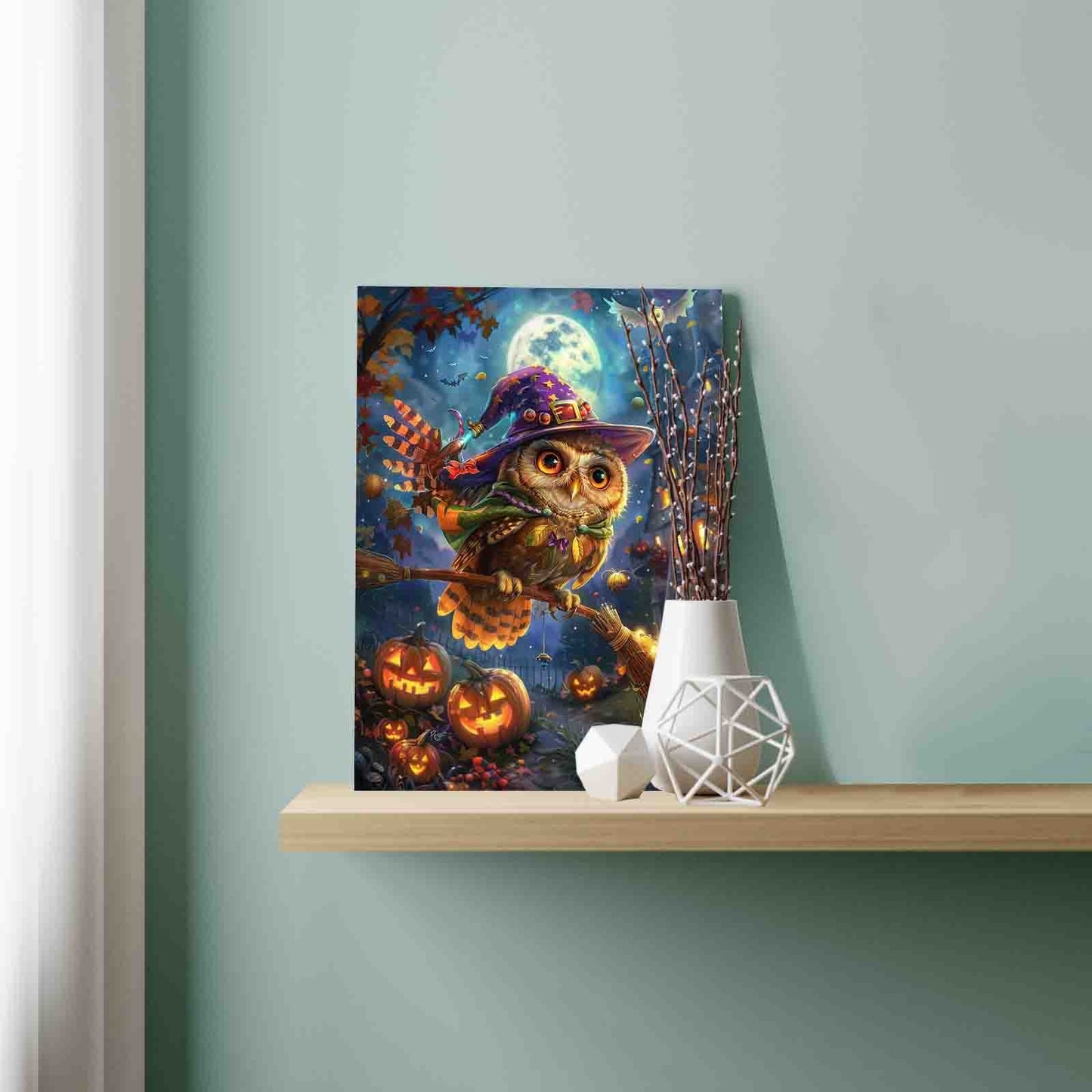 Flying Halloween Owl with Broomstick Paint by Numbers