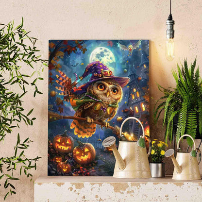 Flying Halloween Owl with Broomstick Paint by Numbers