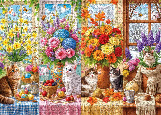 Four Seasons Cats Flower Garden Jigsaw Puzzle