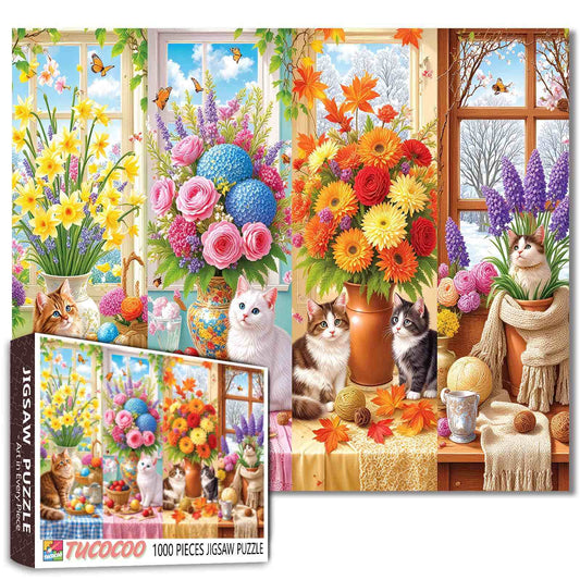 Four Seasons Cats Flower Garden Jigsaw Puzzle