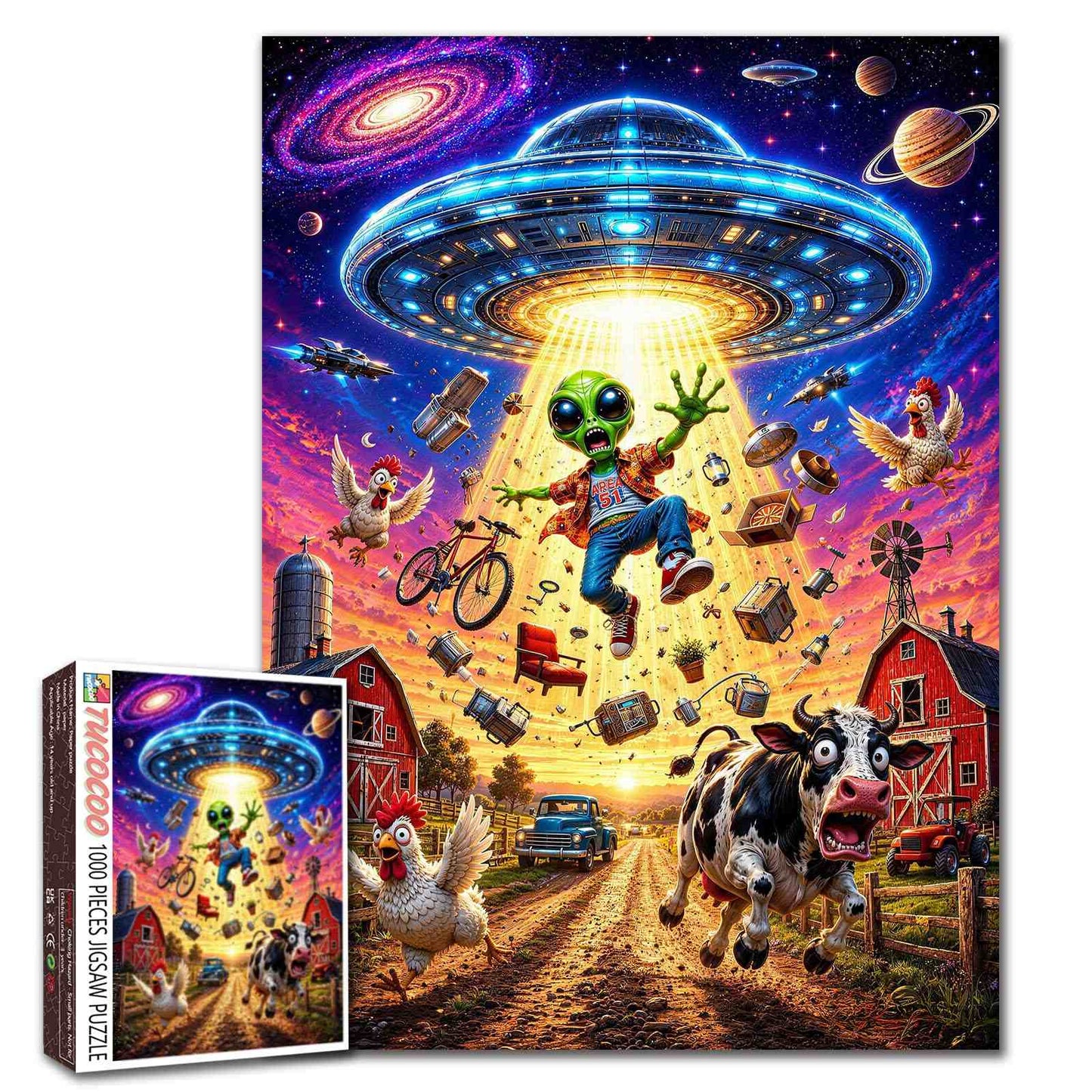 Funny Alien UFO Farm Adventure Jigsaw Puzzle