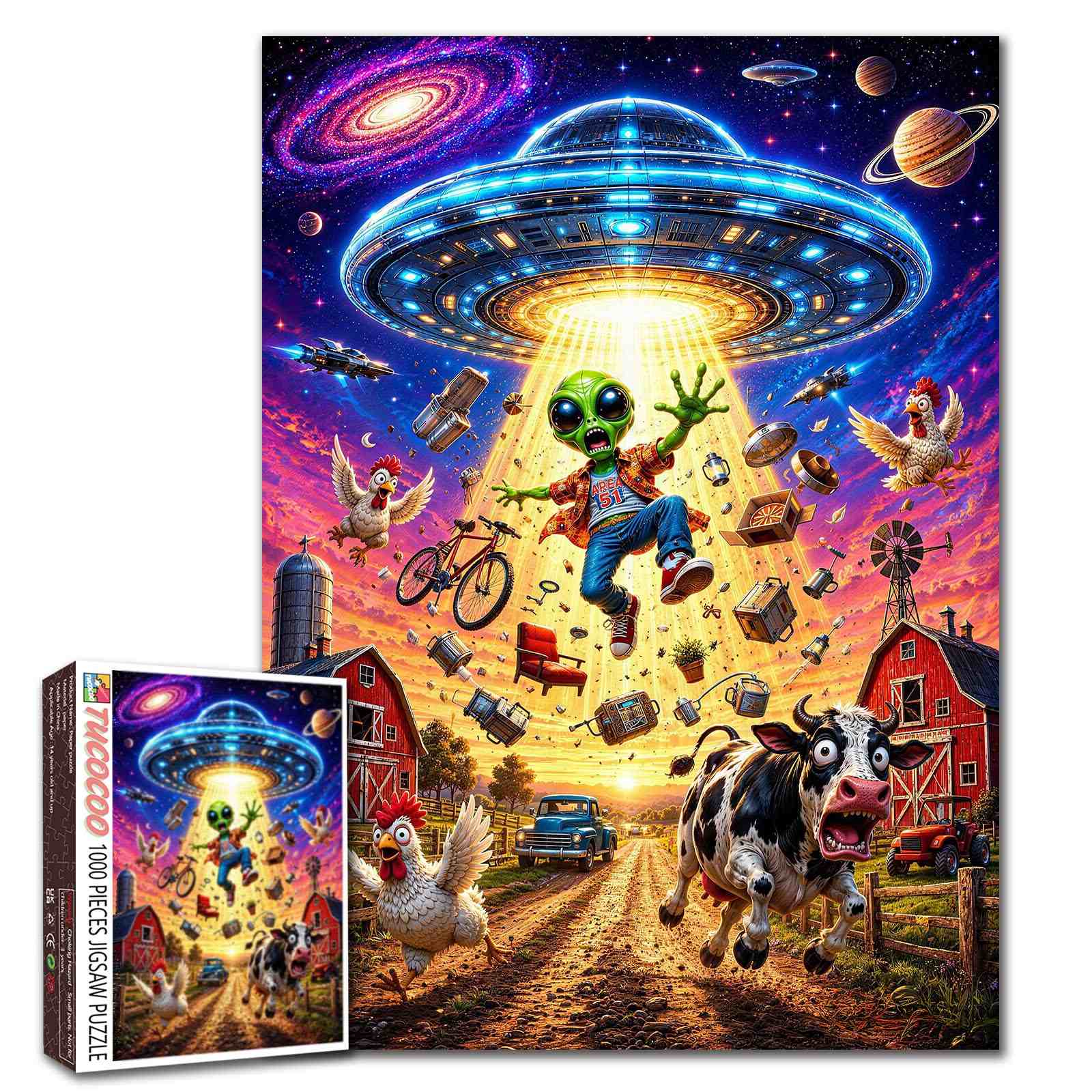 Funny Alien UFO Farm Adventure Jigsaw Puzzle