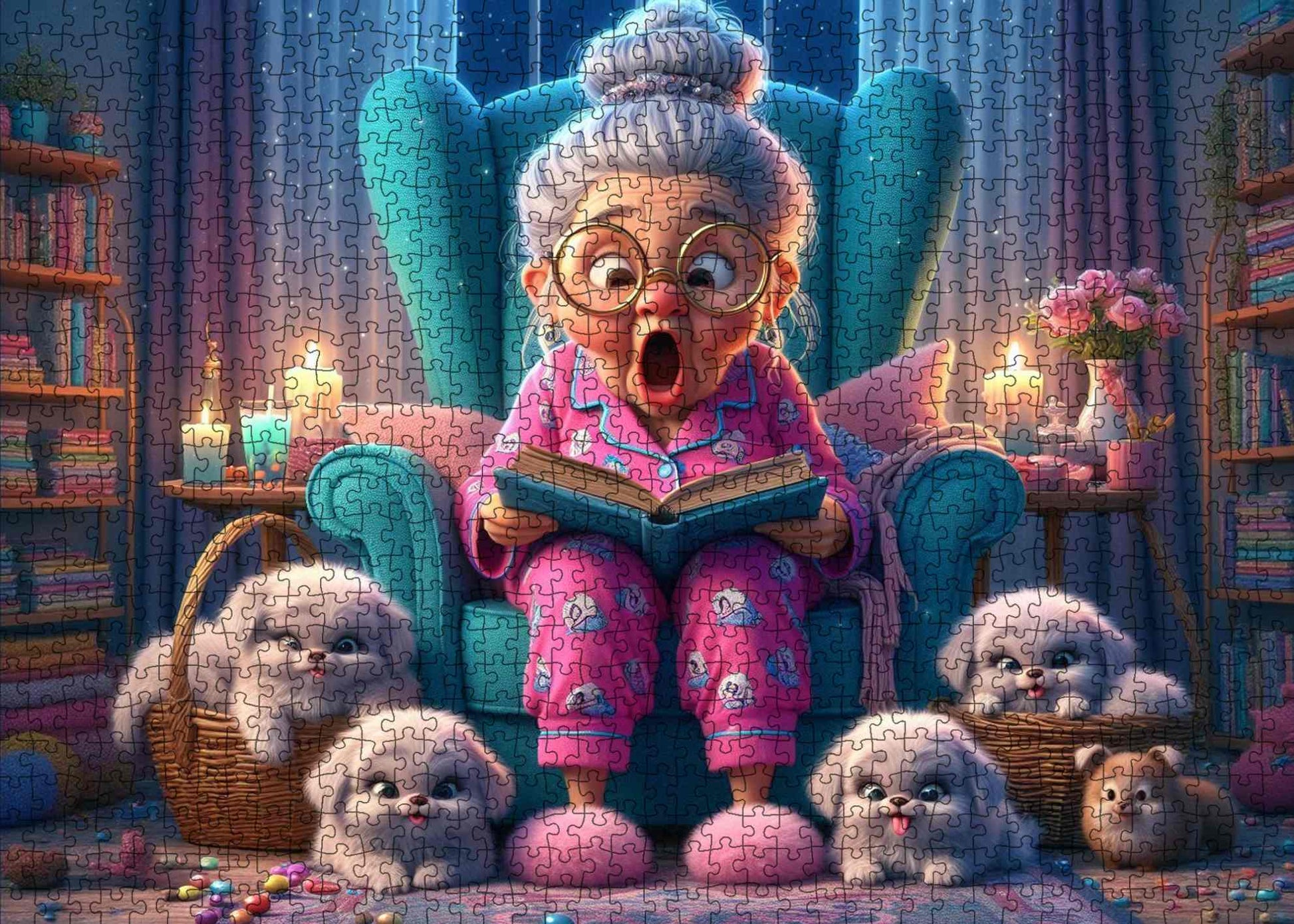 Funny Grandma and Fluffy Pups Jigsaw Puzzle