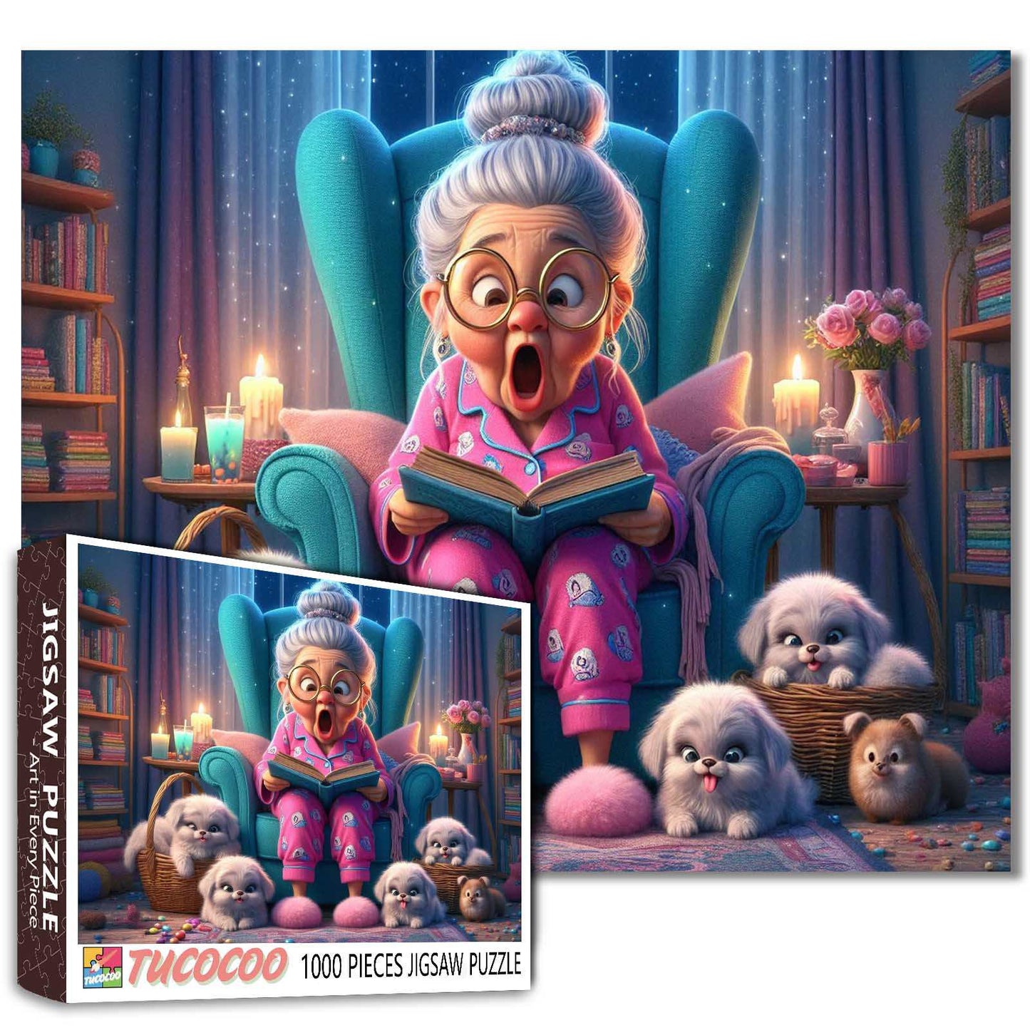 Funny Grandma and Fluffy Pups Jigsaw Puzzle