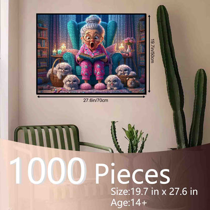 Funny Grandma and Fluffy Pups Jigsaw Puzzle