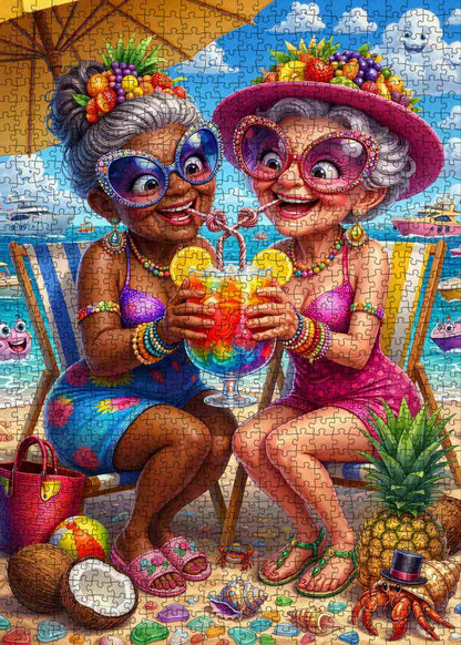 Funny Grandmas Tropical Beach Vacation Jigsaw Puzzle