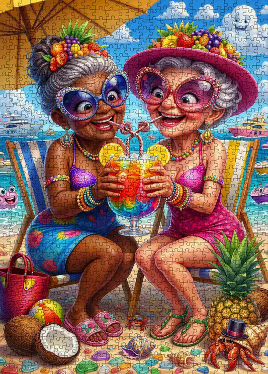 Funny Grandmas Tropical Beach Vacation Jigsaw Puzzle
