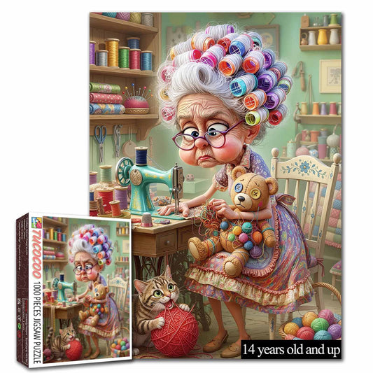 Funny Sewing Grandma and Cat Jigsaw Puzzle