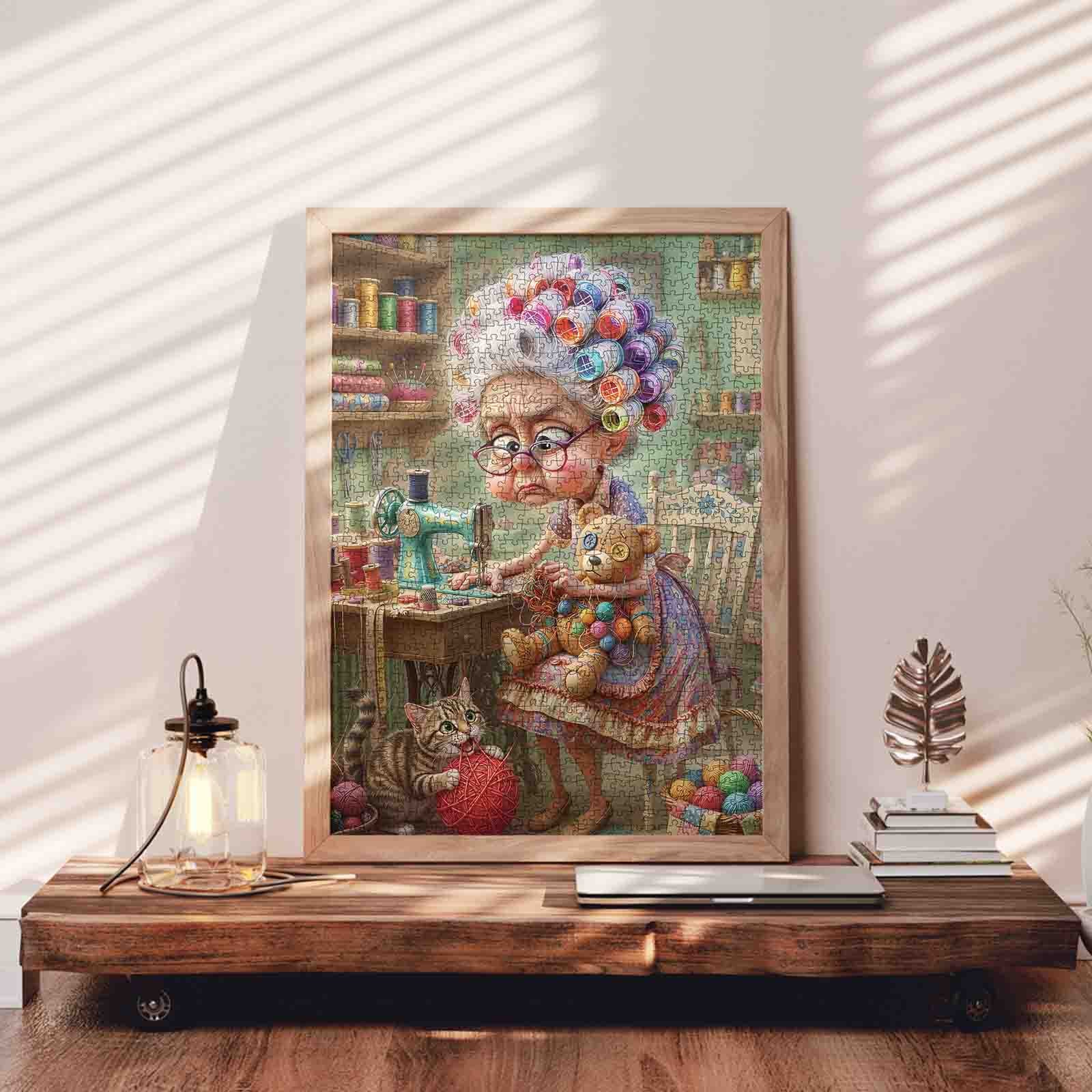 Funny Sewing Grandma and Cat Jigsaw Puzzle
