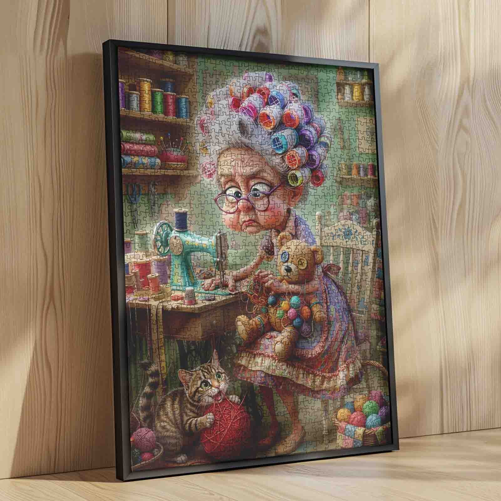 Funny Sewing Grandma and Cat Jigsaw Puzzle