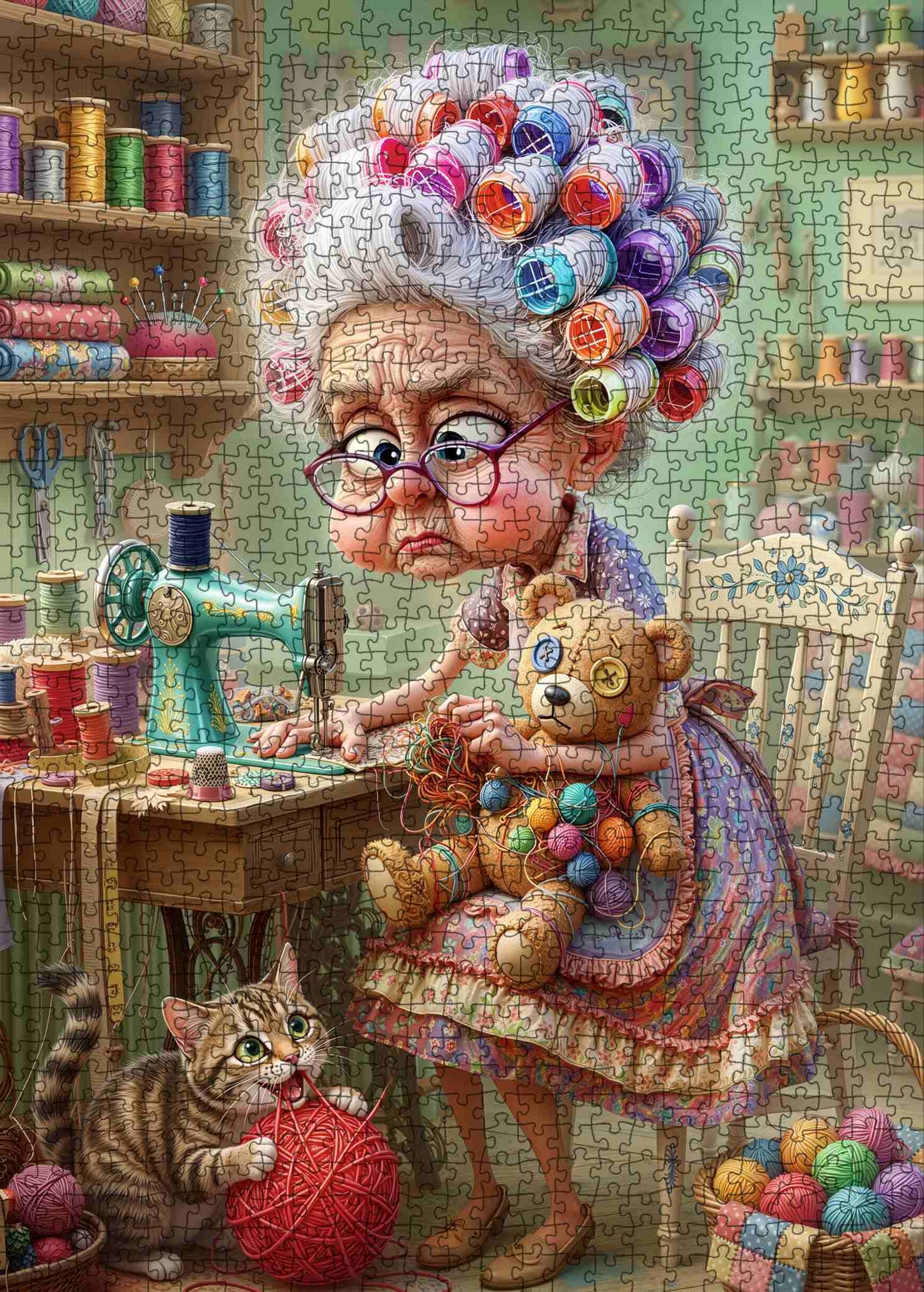 Funny Sewing Grandma and Cat Jigsaw Puzzle