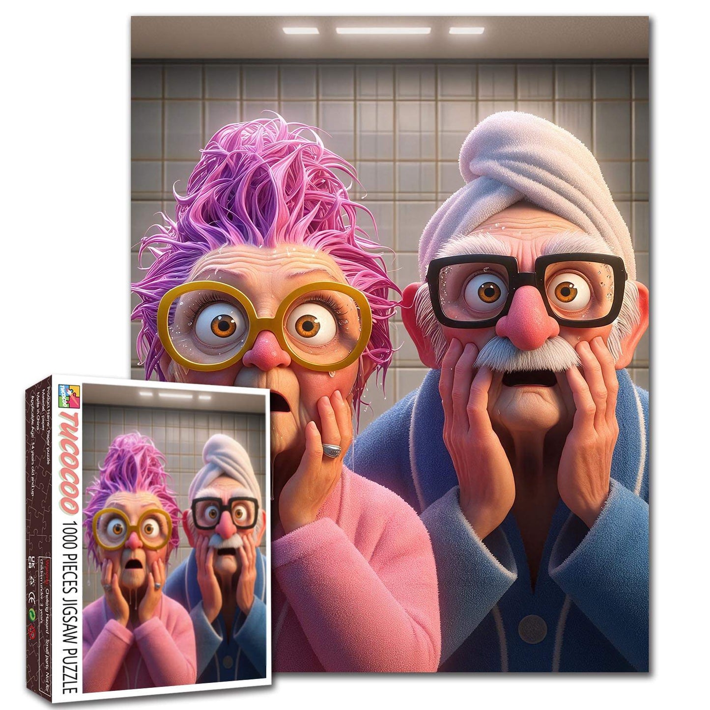 Funny Shocked Elderly Couple Cartoon Jigsaw Puzzle