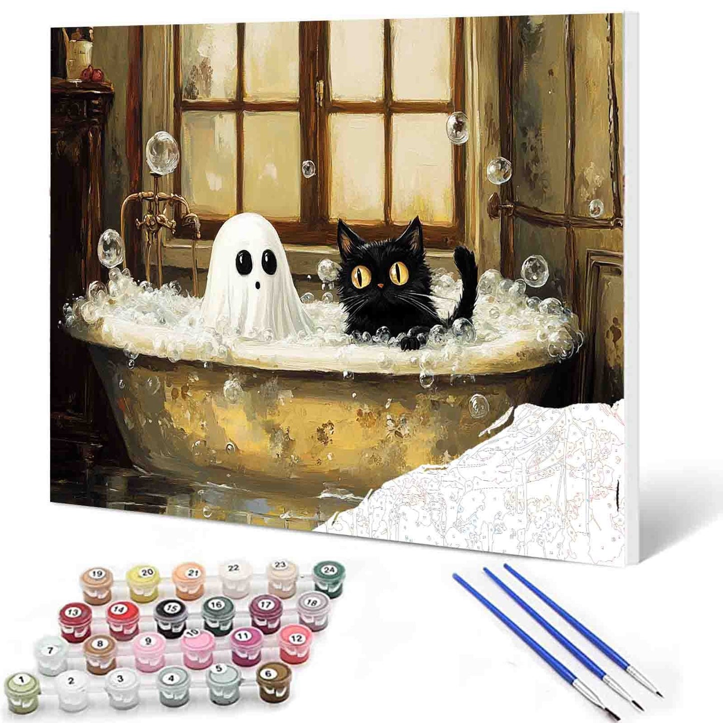 Ghost and Cat Bathtub Paint by Numbers