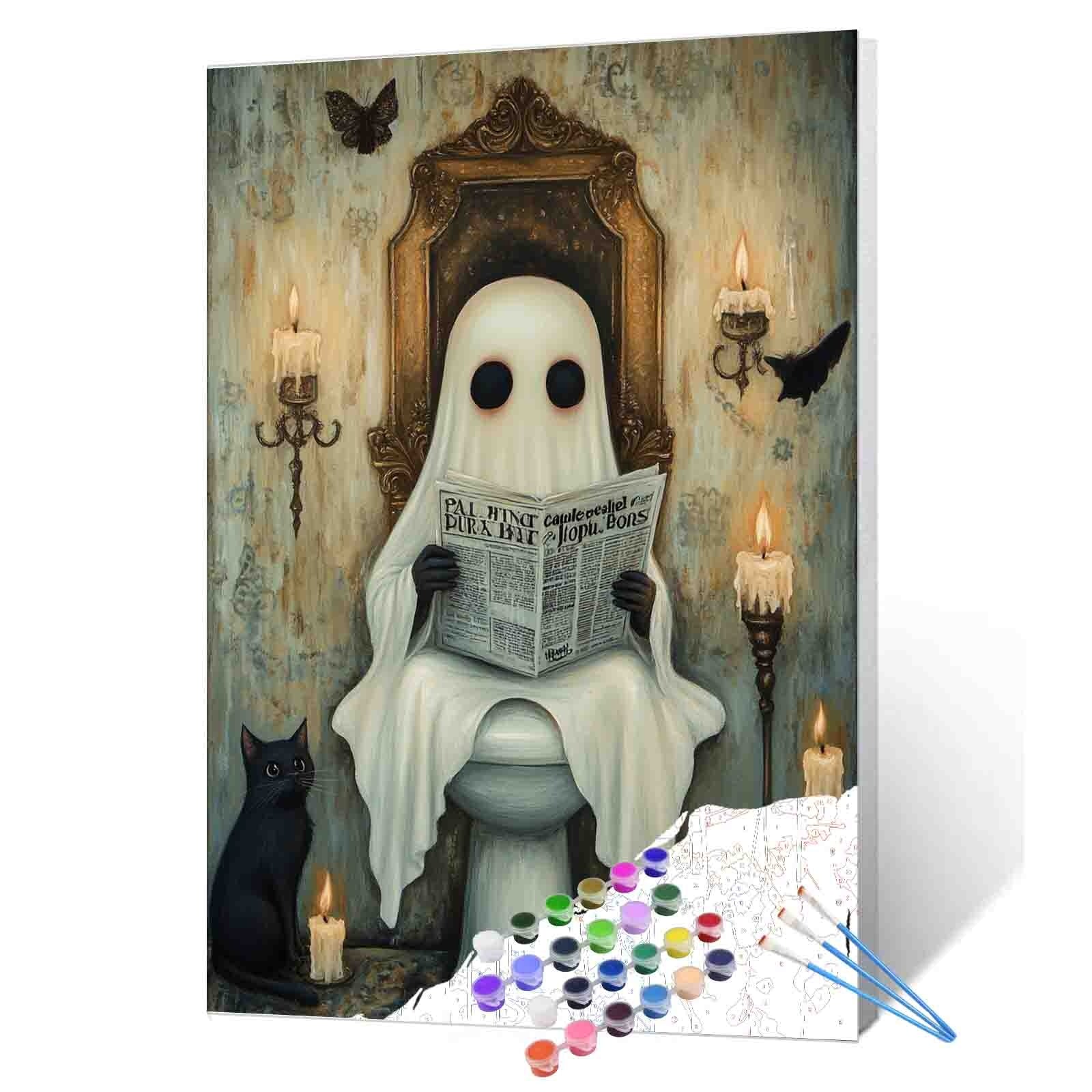 Ghost with Newspaper and Black Cat Paint by Numbers