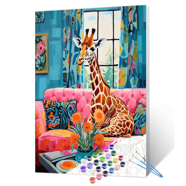 シム・シメール、【AFTERNOON GIRAFES】、希少な額装用画集より Giraffe_Sitting_on_Sofa_Paint_