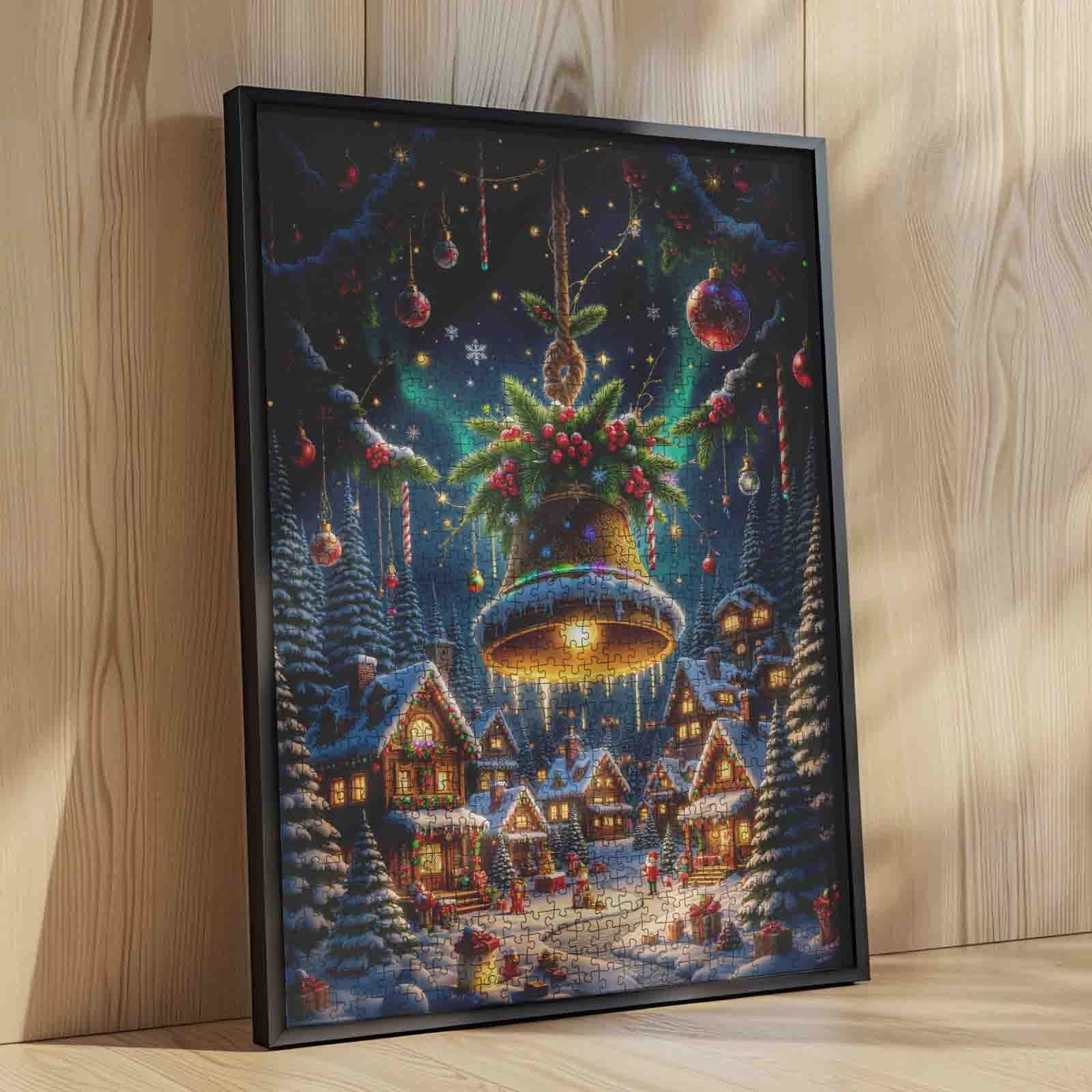 Golden Christmas Bell over Snowy Village Jigsaw Puzzle