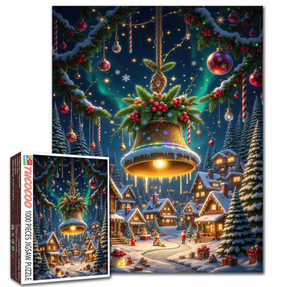 Golden Christmas Bell over Snowy Village Jigsaw Puzzle