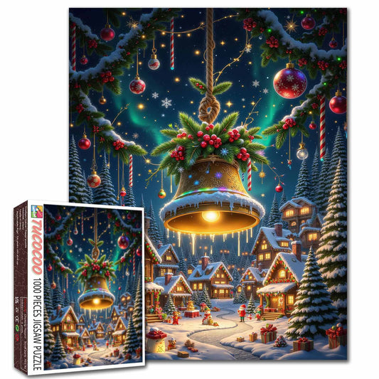 Golden Christmas Bell over Snowy Village Jigsaw Puzzle