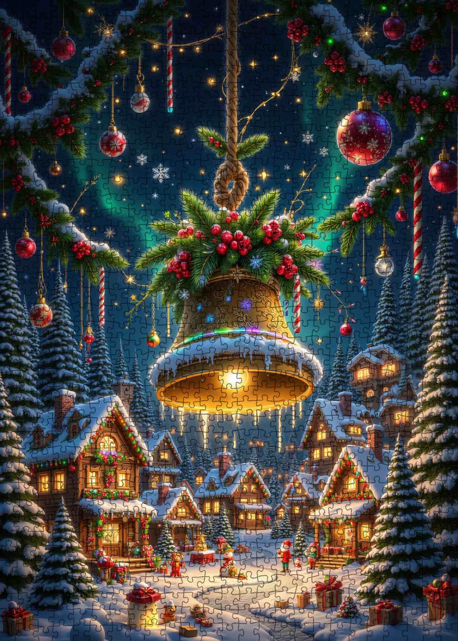 Golden Christmas Bell over Snowy Village Jigsaw Puzzle