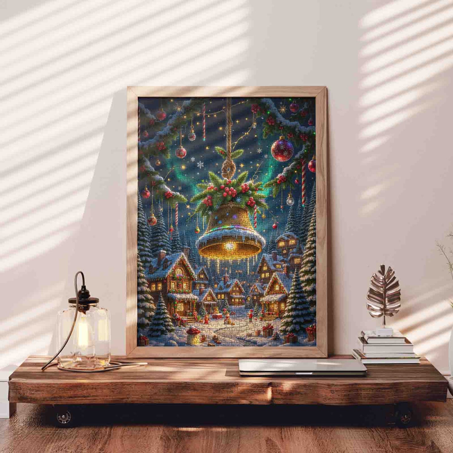 Golden Christmas Bell over Snowy Village Jigsaw Puzzle