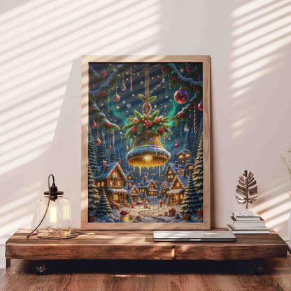 Golden Christmas Bell over Snowy Village Jigsaw Puzzle