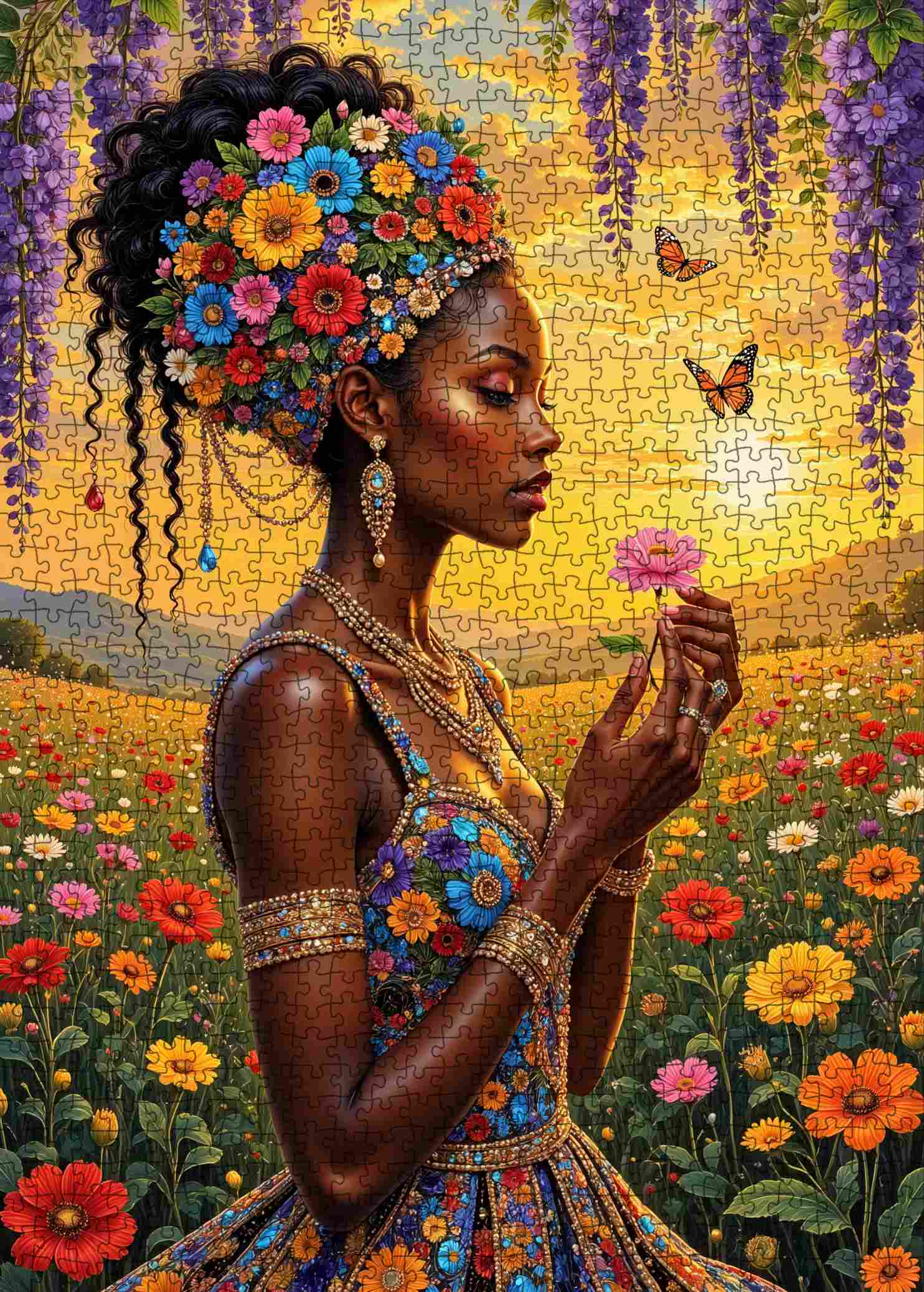 Golden Floral Serenity Portrait Jigsaw Puzzle