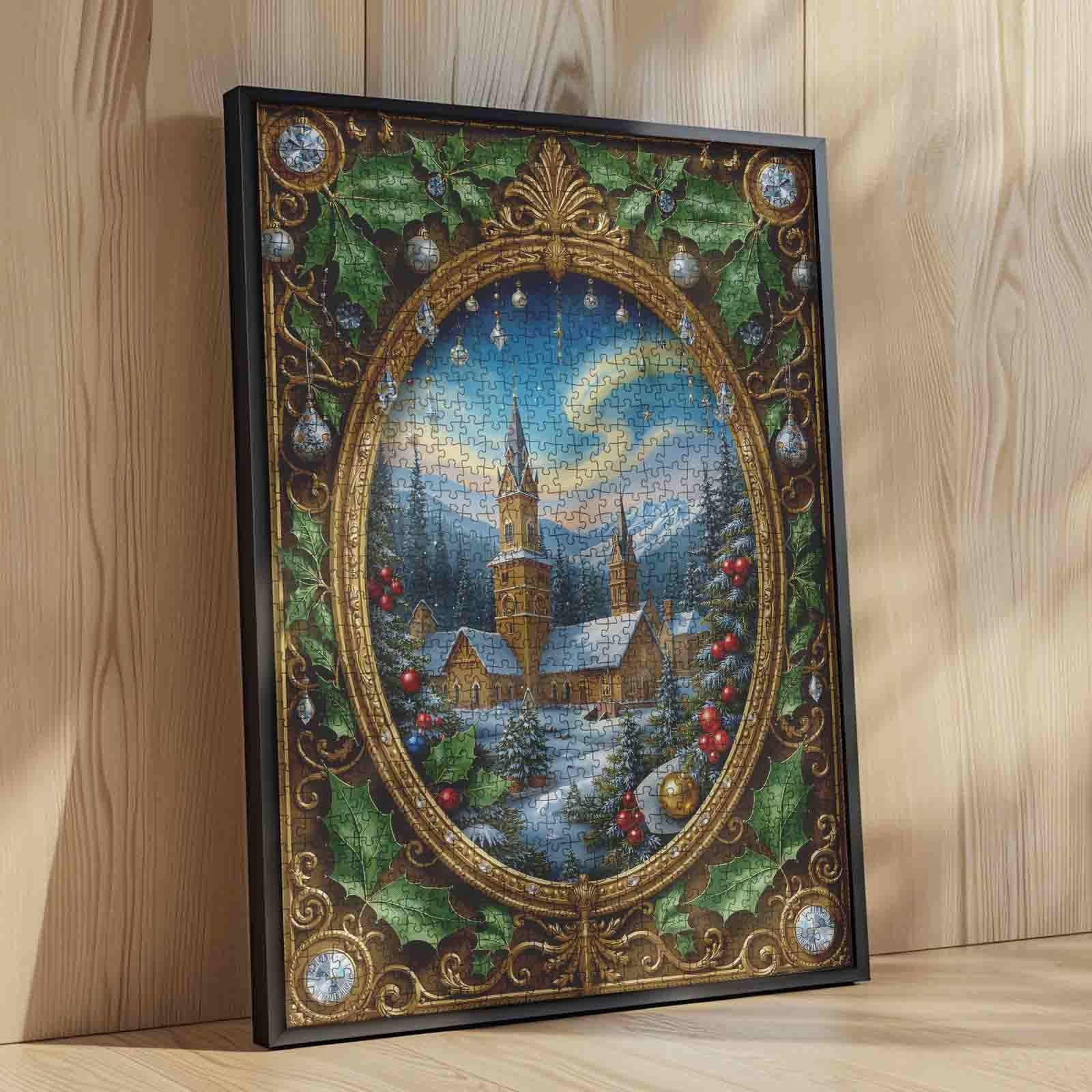 Golden Framed Winter Cathedral Scene Jigsaw Puzzle