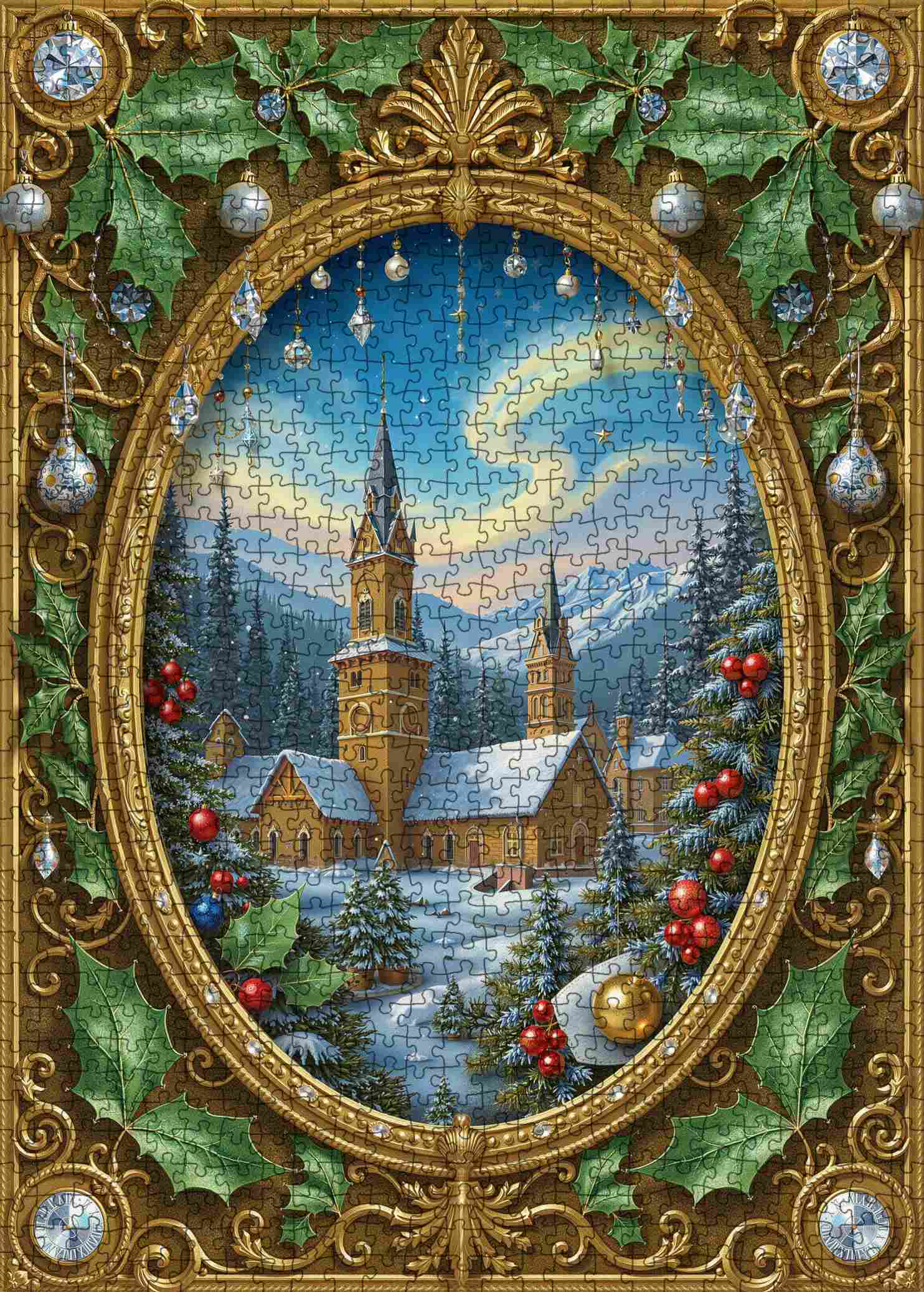 Golden Framed Winter Cathedral Scene Jigsaw Puzzle