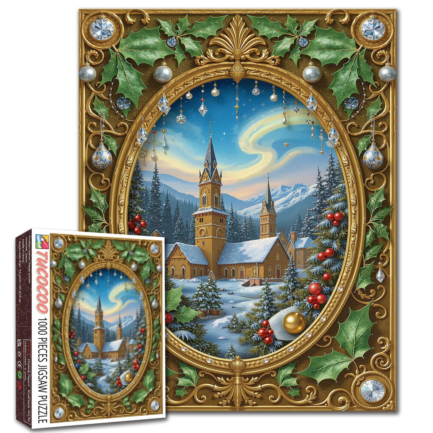 Golden Framed Winter Cathedral Scene Jigsaw Puzzle