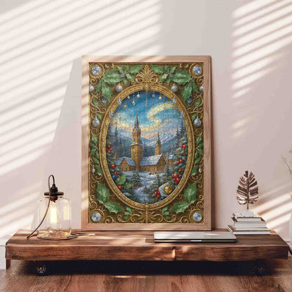 Golden Framed Winter Cathedral Scene Jigsaw Puzzle