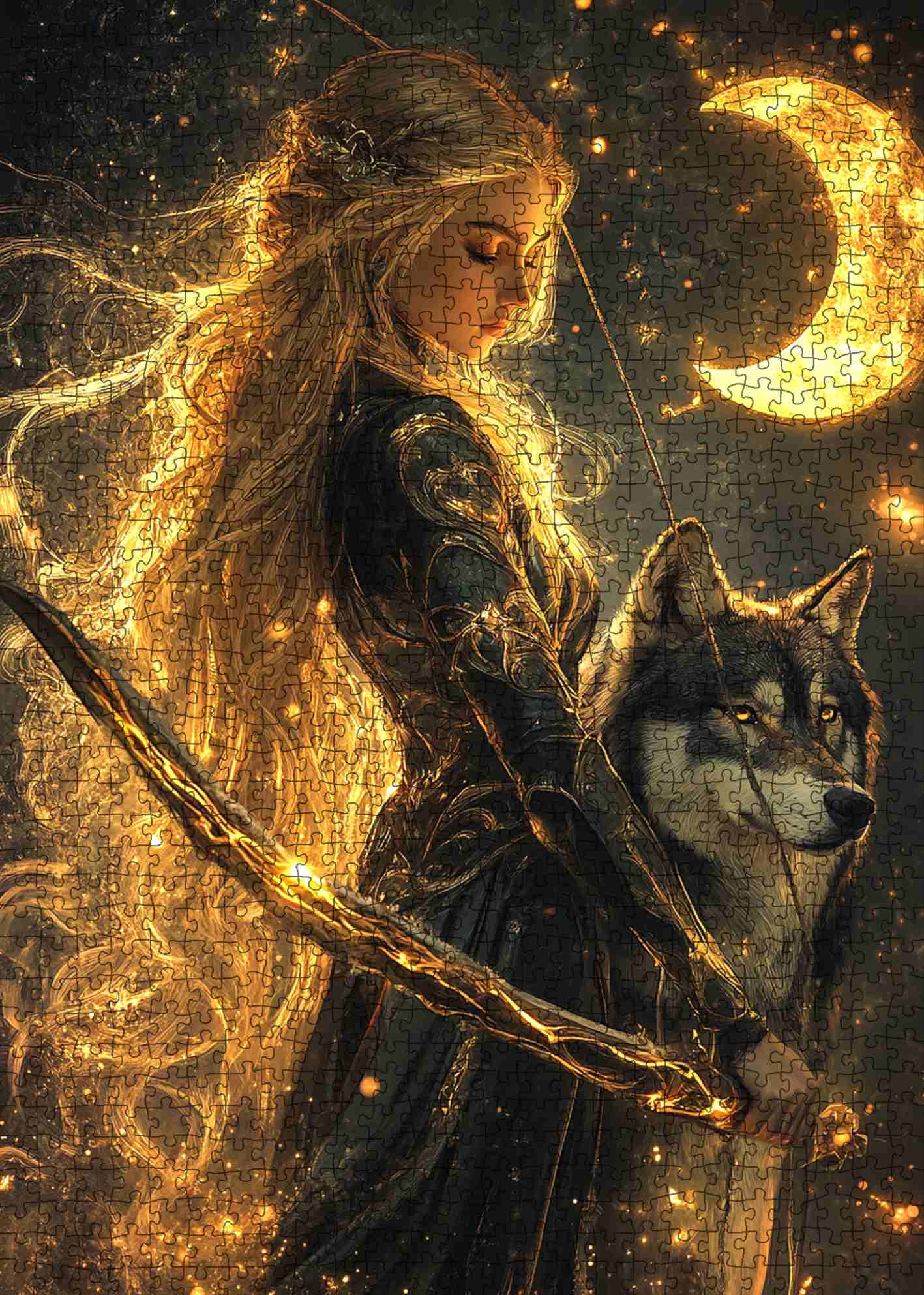 Golden Huntress and Moon Wolf Jigsaw Puzzle