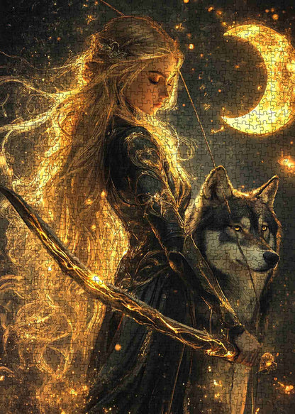 Golden Huntress and Moon Wolf Jigsaw Puzzle