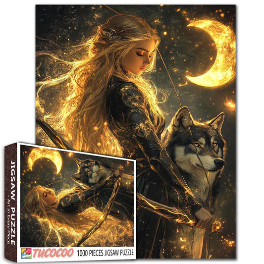 Golden Huntress and Moon Wolf Jigsaw Puzzle