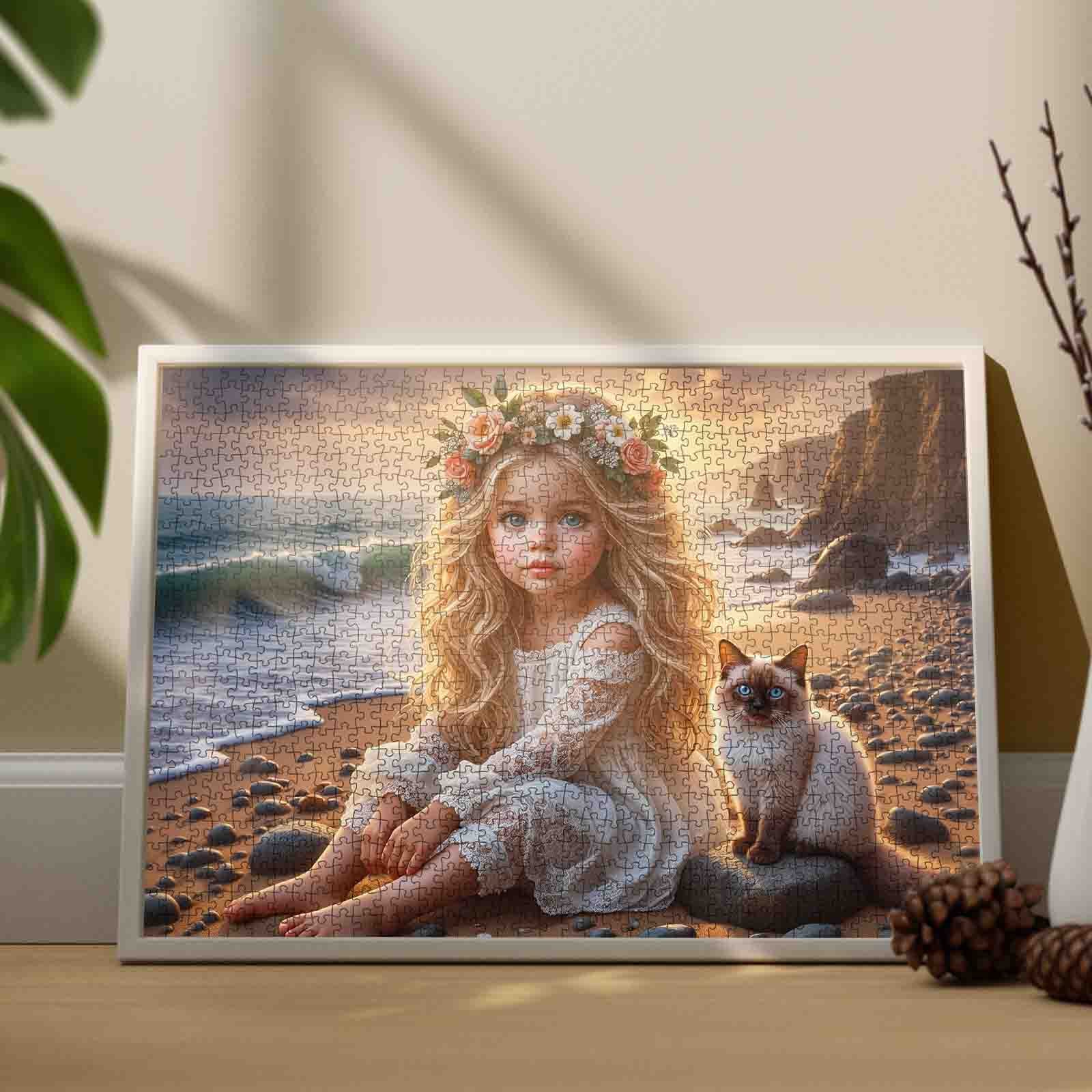 Golden Shore Girl with Blue-Eyed Cat Jigsaw Puzzle