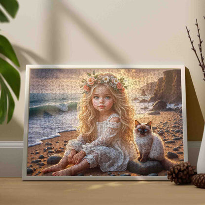 Golden Shore Girl with Blue-Eyed Cat Jigsaw Puzzle