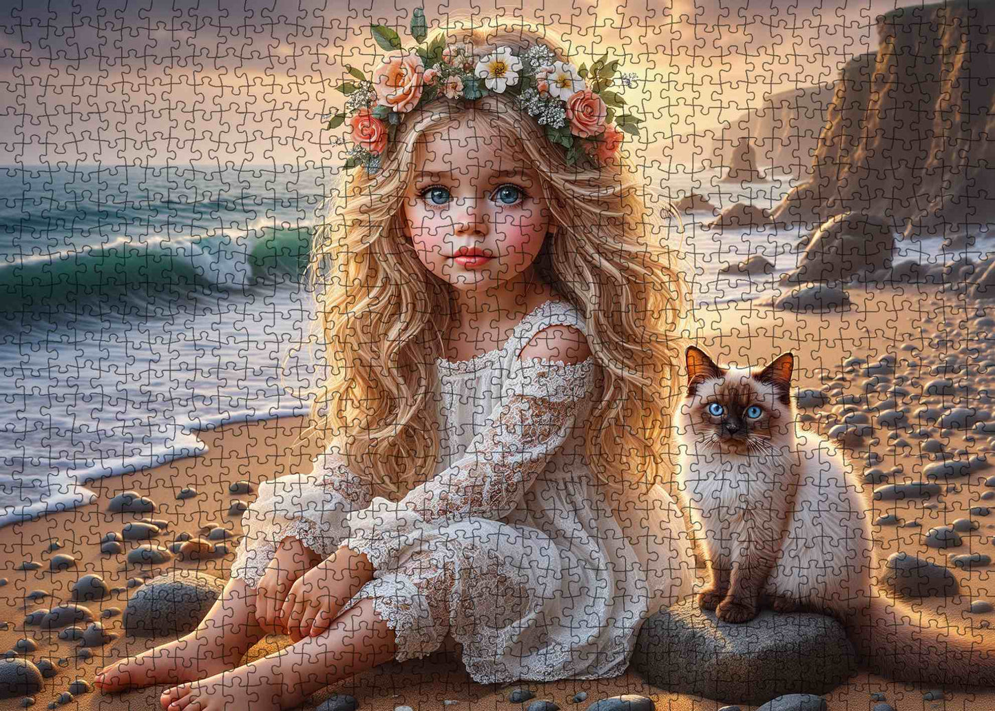 Golden Shore Girl with Blue-Eyed Cat Jigsaw Puzzle