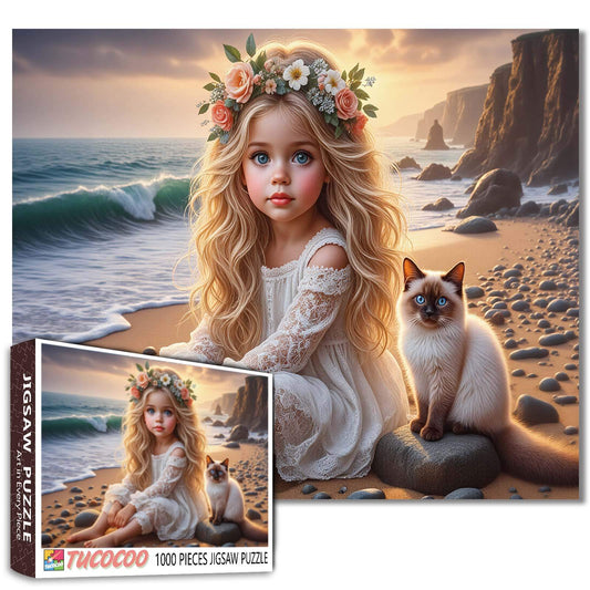 Golden Shore Girl with Blue-Eyed Cat Jigsaw Puzzle