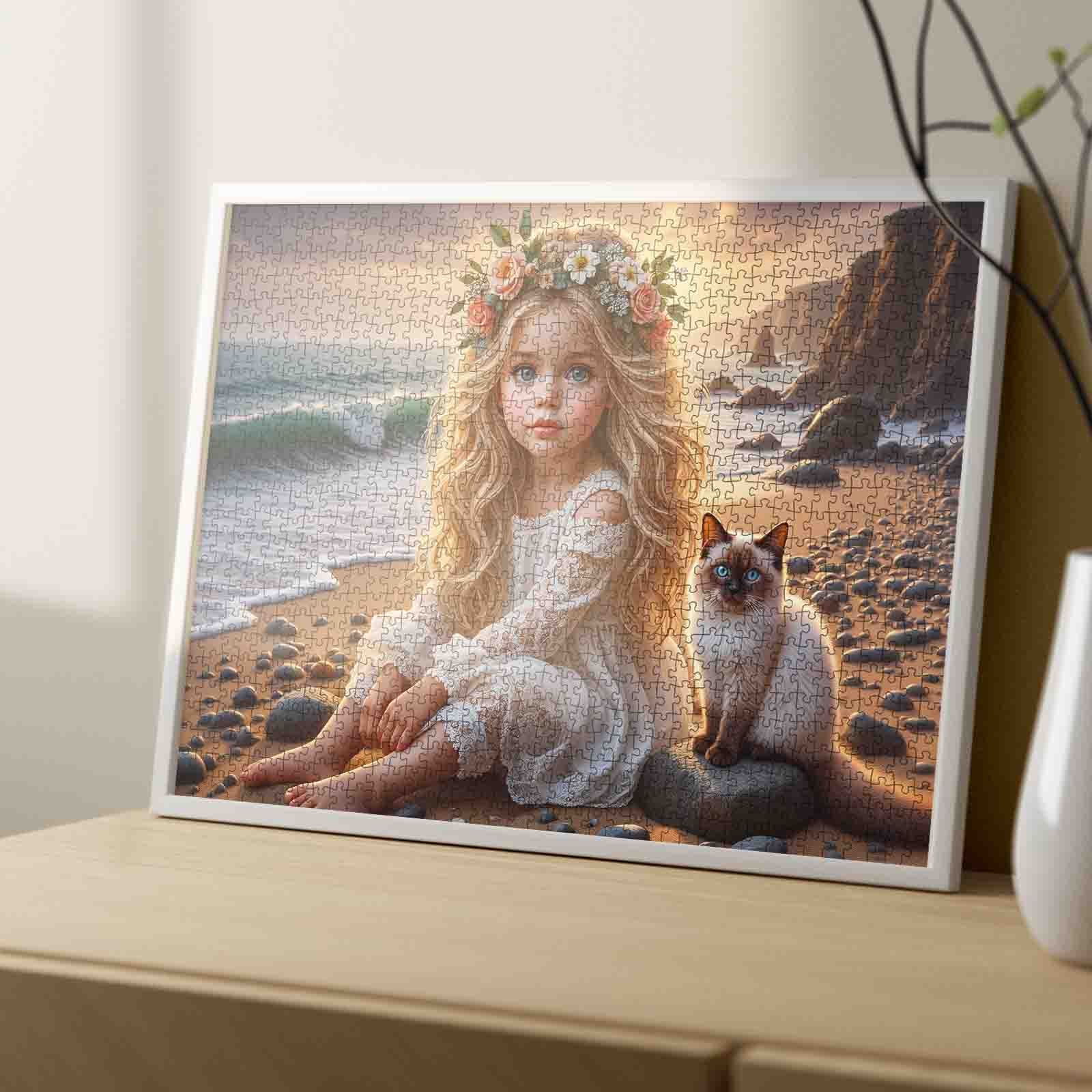 Golden Shore Girl with Blue-Eyed Cat Jigsaw Puzzle