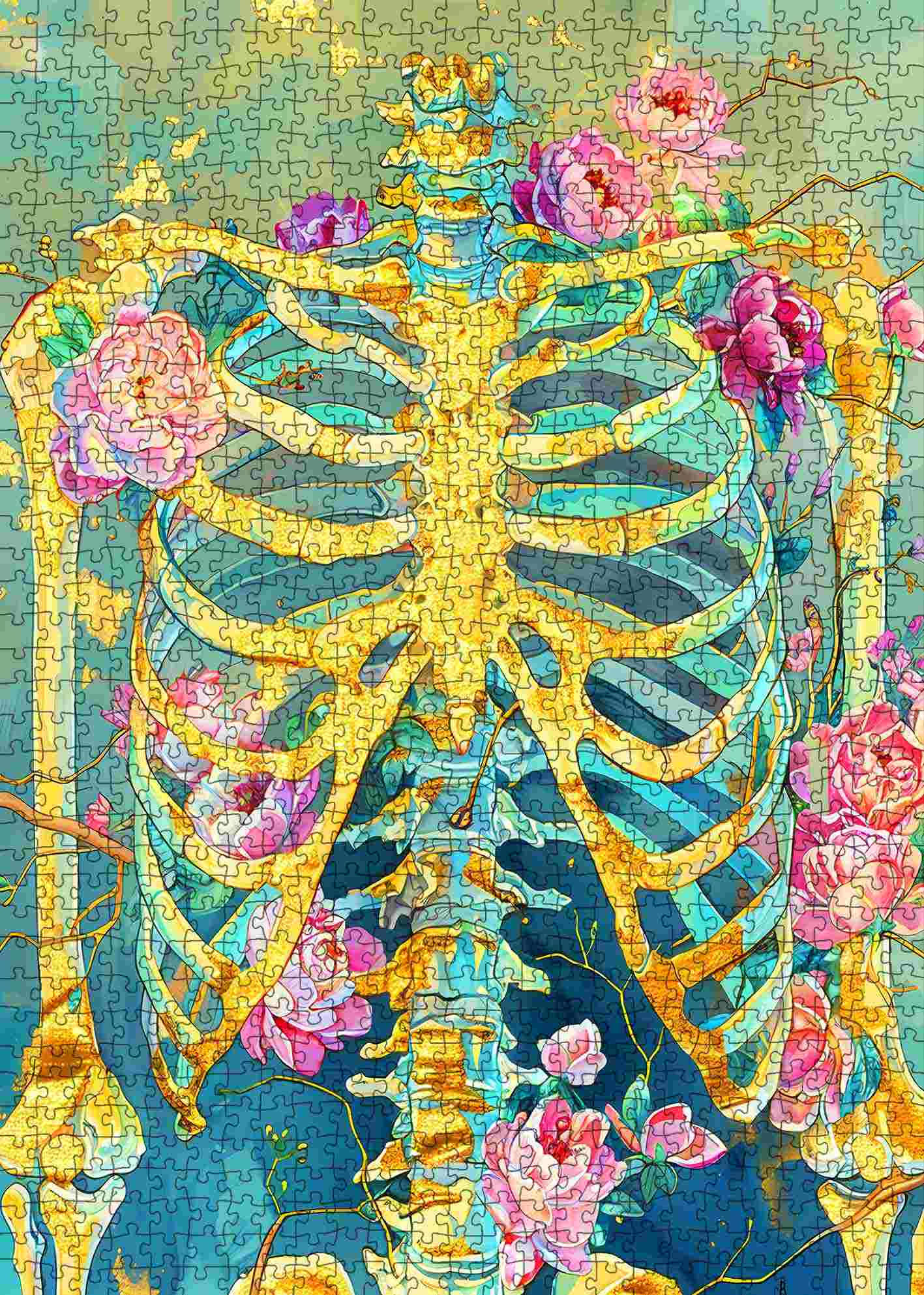 Golden Skeleton Floral Fusion Jigsaw Puzzle