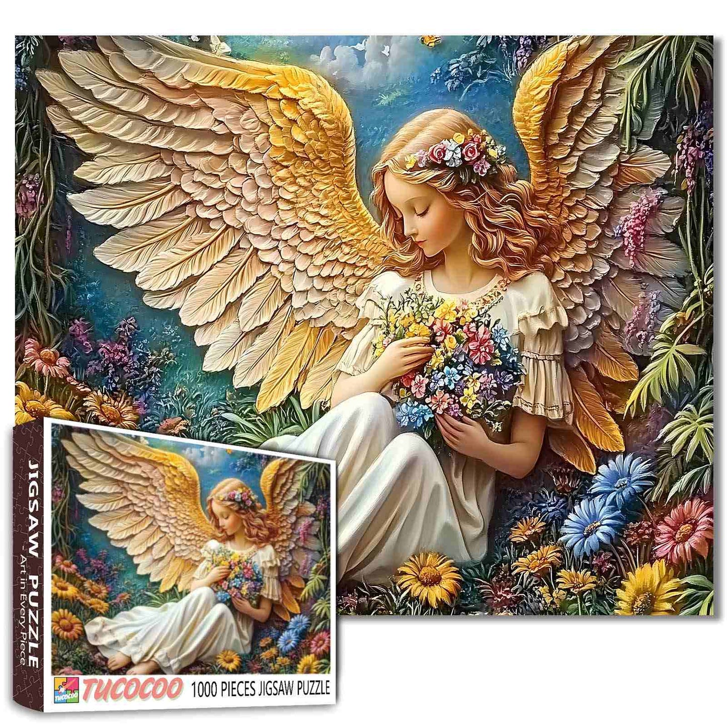 Golden Wing Angel in Flower Meadow Jigsaw Puzzle