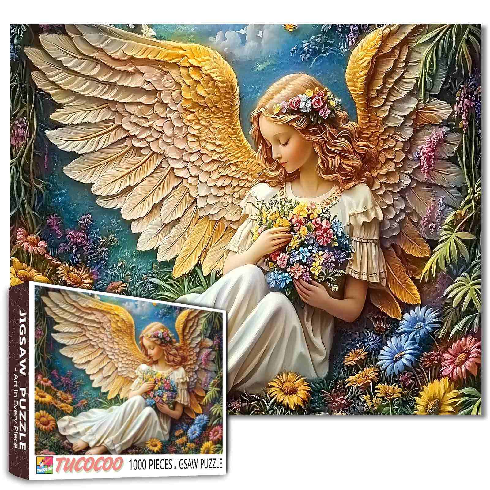 Golden Wing Angel in Flower Meadow Jigsaw Puzzle