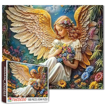 Golden Wing Angel in Flower Meadow Jigsaw Puzzle
