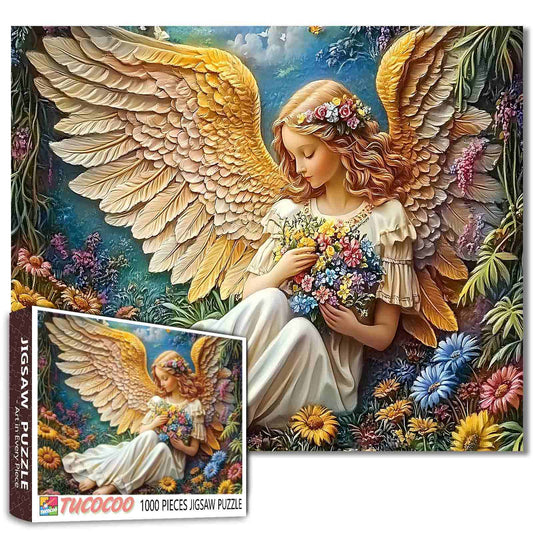 Golden Wing Angel in Flower Meadow Jigsaw Puzzle